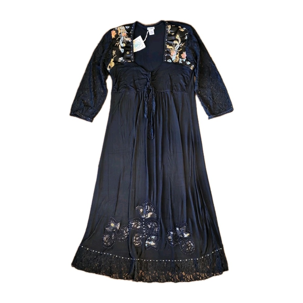 NWT USINDO Dress Women XL Black Maxi Lace Sleeves Beaded WhimsiGoth Asian Witchy